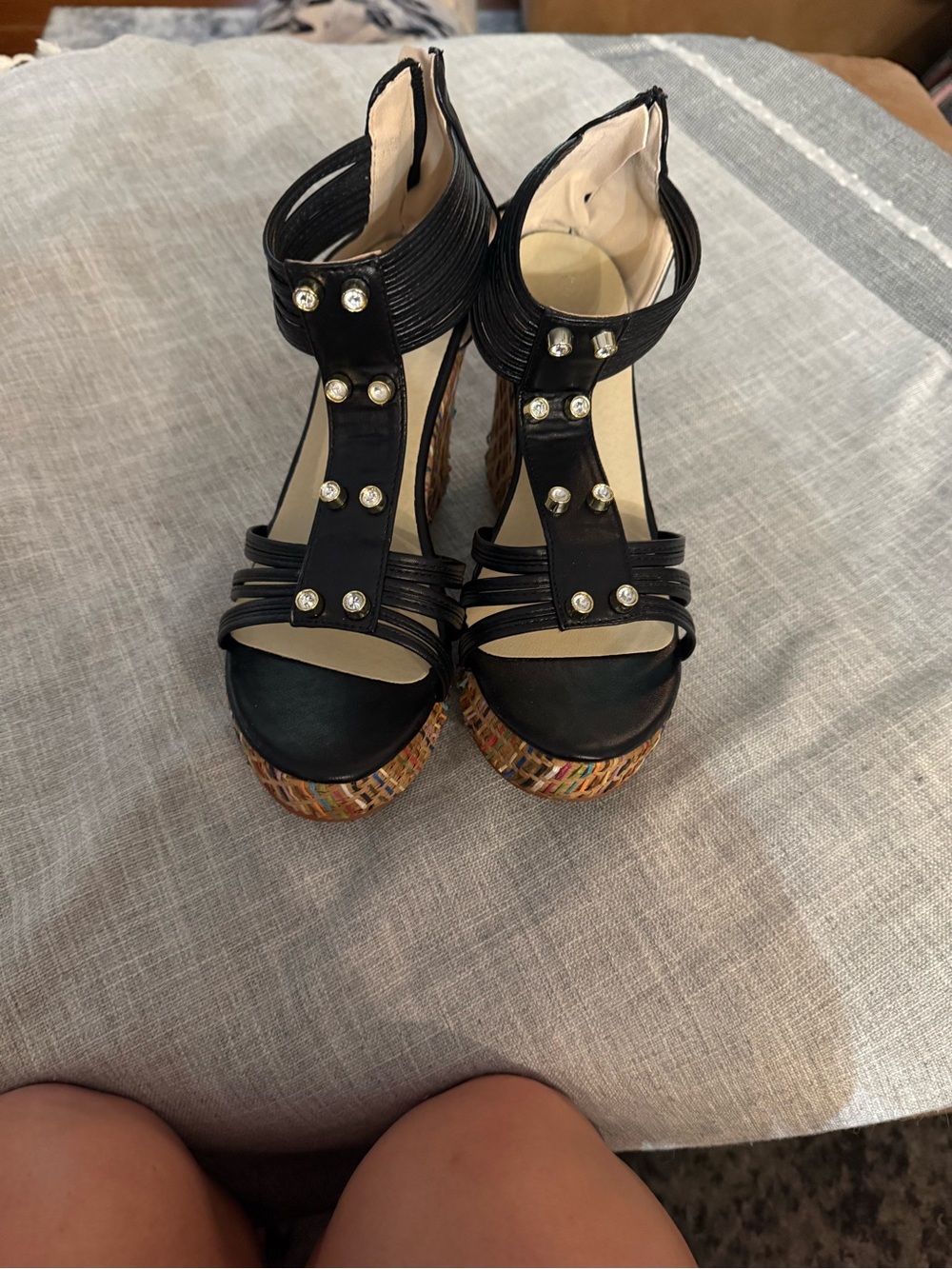 Black Studded T-Strap Espadrille Platform Sandals